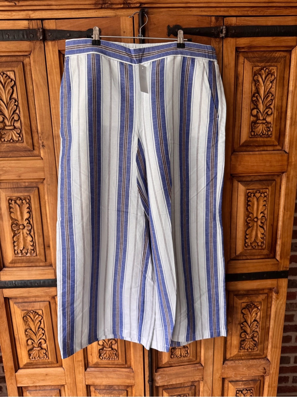LOFT White and Blue Vertical-Stripe Wide-Leg Pants